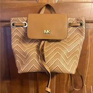 Michael Kors Woven Tan & Cream Drawstring Backpack